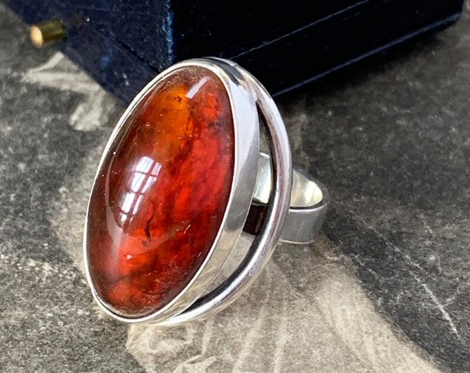 Niels Erik From Amber Silver Ring. 1960s modernist Danish Design. Ring size M (UK) size 6 (US)