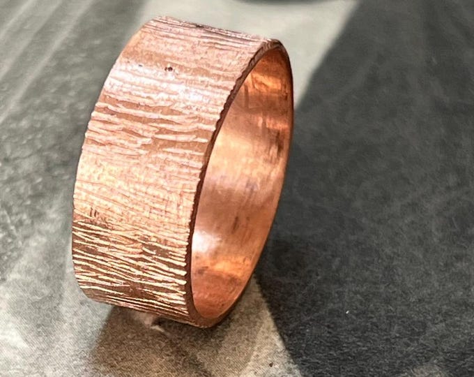 Handmade Pure Copper Bark Ring | 9mm Retro Unisex Band (Made in England)
