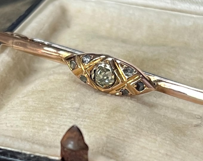 Antique Victorian Edwardian Gold Diamond Bar Brooch | 7 Old Cut Diamonds c.1900