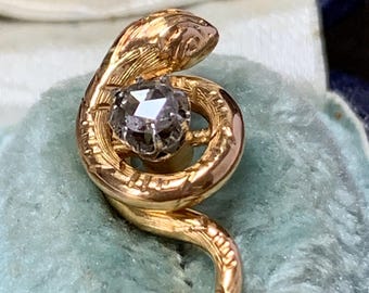 Antique Diamond Snake Stick Pin Brooch: 22ct Gold with a old Rose Cut Diamond, Original Box