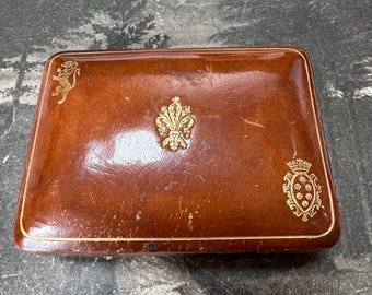 Florentine Leather Jewellery Box | Mid-Century Italian | Gilded Fleur de Lis, Lion Rampant & Coronet | Necklace or Earring Storage Case