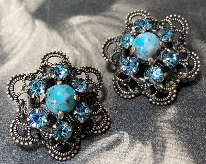 Antique Turquoise and paste earrings | Clip-on fitting | Filigree pressed metalwork | 20mm diameter