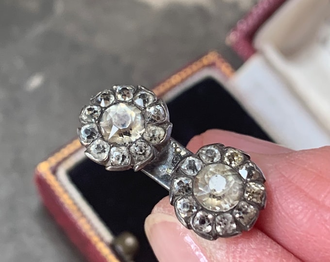 Elegant black dot paste diamond Brooch.  Antique silver features a charming double flower design. 3.8 grams circa 1800s