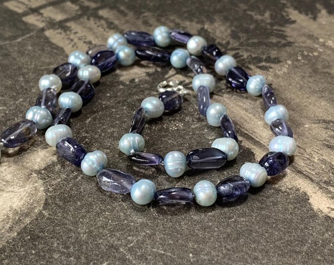 Iolite gemstone and pearl necklace. 16 inches choker length with 925 silver clasp. 5mm-6mm freshwater pearls