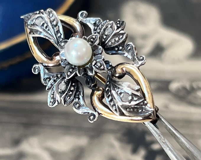 Antique Pearl Diamond Dress Pin, 18ct Gold & Silver Brooch