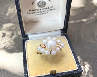 Vintage 1960s Mikimoto Pearl Ring | 14K Gold Akoya Pearl Cocktail Ring | 8mm & 4mm Pearls | UK M US 6