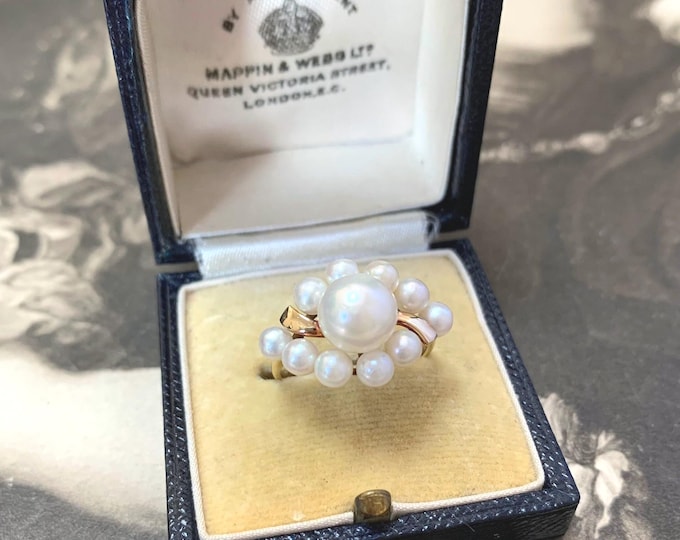 Vintage 1960s Mikimoto Pearl Ring | 14K Gold Akoya Pearl Cocktail Ring | 8mm & 4mm Pearls | UK M US 6
