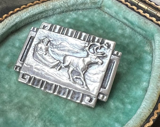 Danish Silver Reindeer and Sleigh Brooch | Nordic Winter Dress Pin | Art Deco Era | Circa 1930s - Oslo