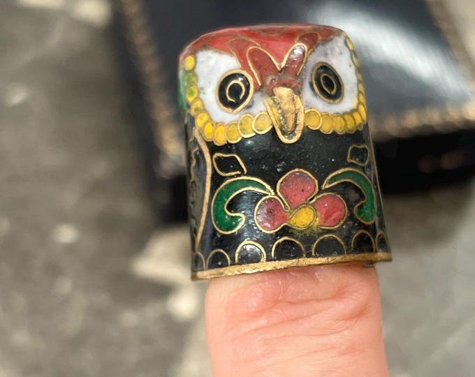 Vintage Owl Thimble, Enamelled Cloisonne Owl Head Thimble, Sewing Gift