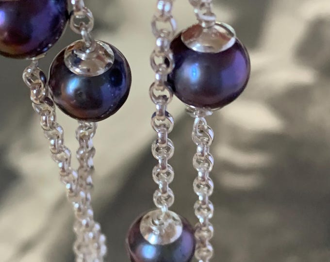 Sterling silver belcher chain | large black baroque 8.5mm pearl necklace | Opera length 35 inches 91 cm long | 100% recycled silver