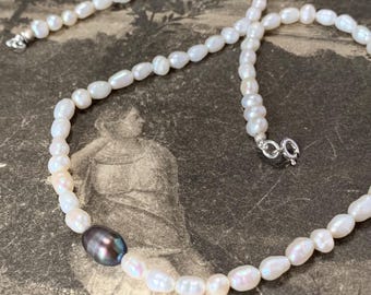 hand made Pearl Necklace: Grey Baroque Pearl, Sterling Silver Clasp, 46cm