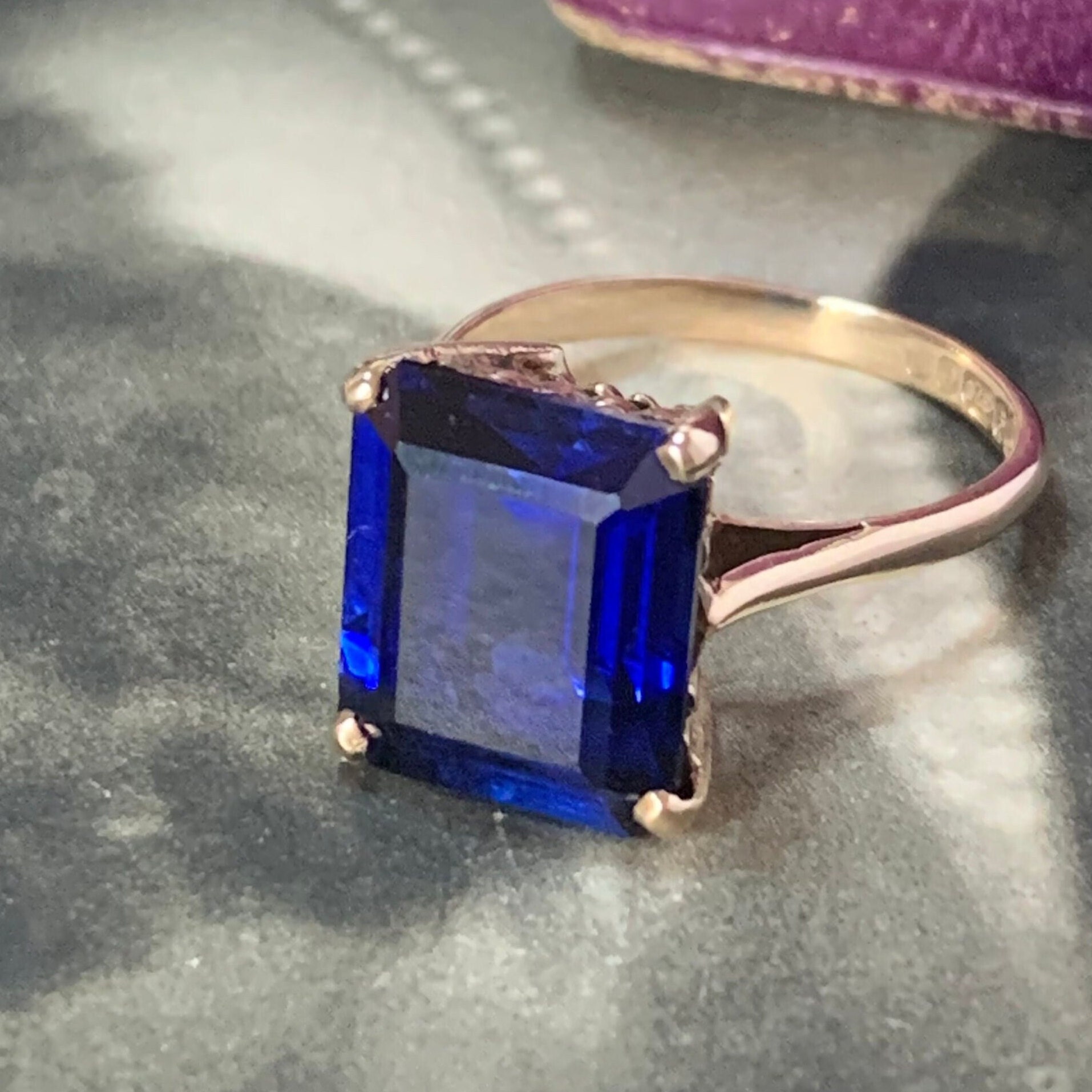 Emerald Cut Sapphire Ring. Vintage 1960S Hallmark Solitaire Set in 9Ct Yellow Gold. Amazing Blue Gemstone & Fantastic On The Finger