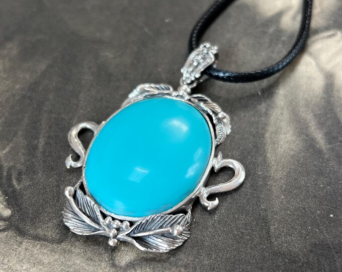 Large Art Nouveau Style Turquoise Pendant, Sterling Silver 925 Hallmarked Pendant, Birmingham Silver Statement Necklace, Vintage Turquoise