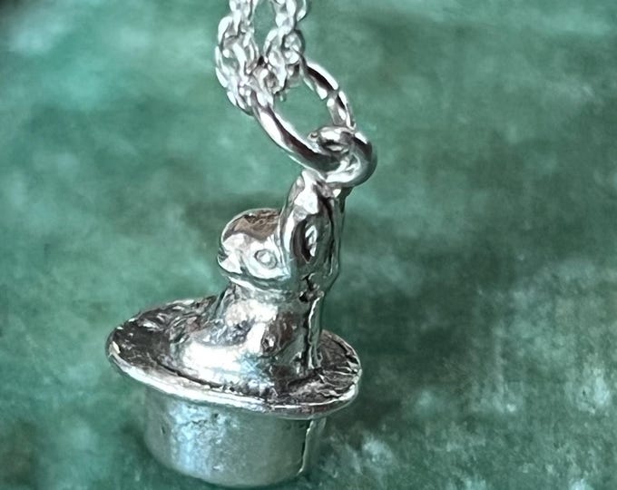 Vintage Rabbit Pendant Necklace, Rabbit in Hat Silver lucky Charm