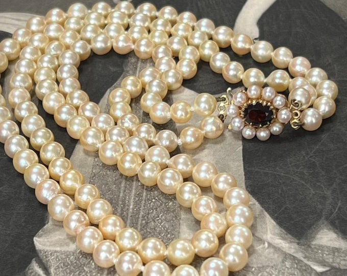Vintage Akoya Pearl Necklace, Double Strand, Garnet Clasp, 9ct Gold, Birmingham Hallmark