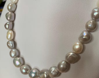 12mm baroque pearl necklace Dove grey white pearls with Argentium sterling silver chain. Matinee length 21 inches. Hand strung by Decorus GB