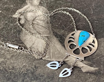Antique Silver Arts And Crafts Necklace. Turquoise Murano Glass Teardrop Stone. 1903 English hallmark. Made by Joseph Willmore