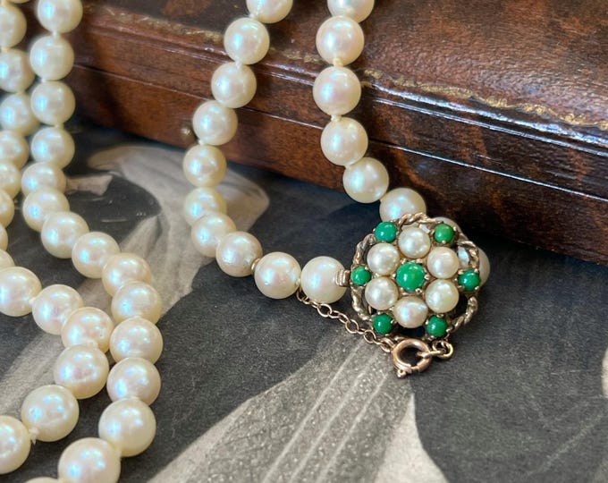 1950s Cultured Pearl Necklace | 9ct Gold Turquoise Clasp, Hand-Knotted Silk Ocean Pearls