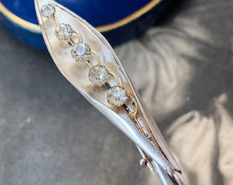 Art Deco silver leaf brooch. 1919 hallmark sterling silver white quartz crystal gemstones