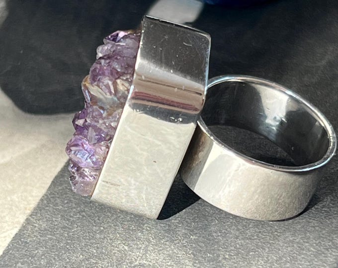 Vintage Ametrine Druzy Ring, 1980s Silver Statement Ring