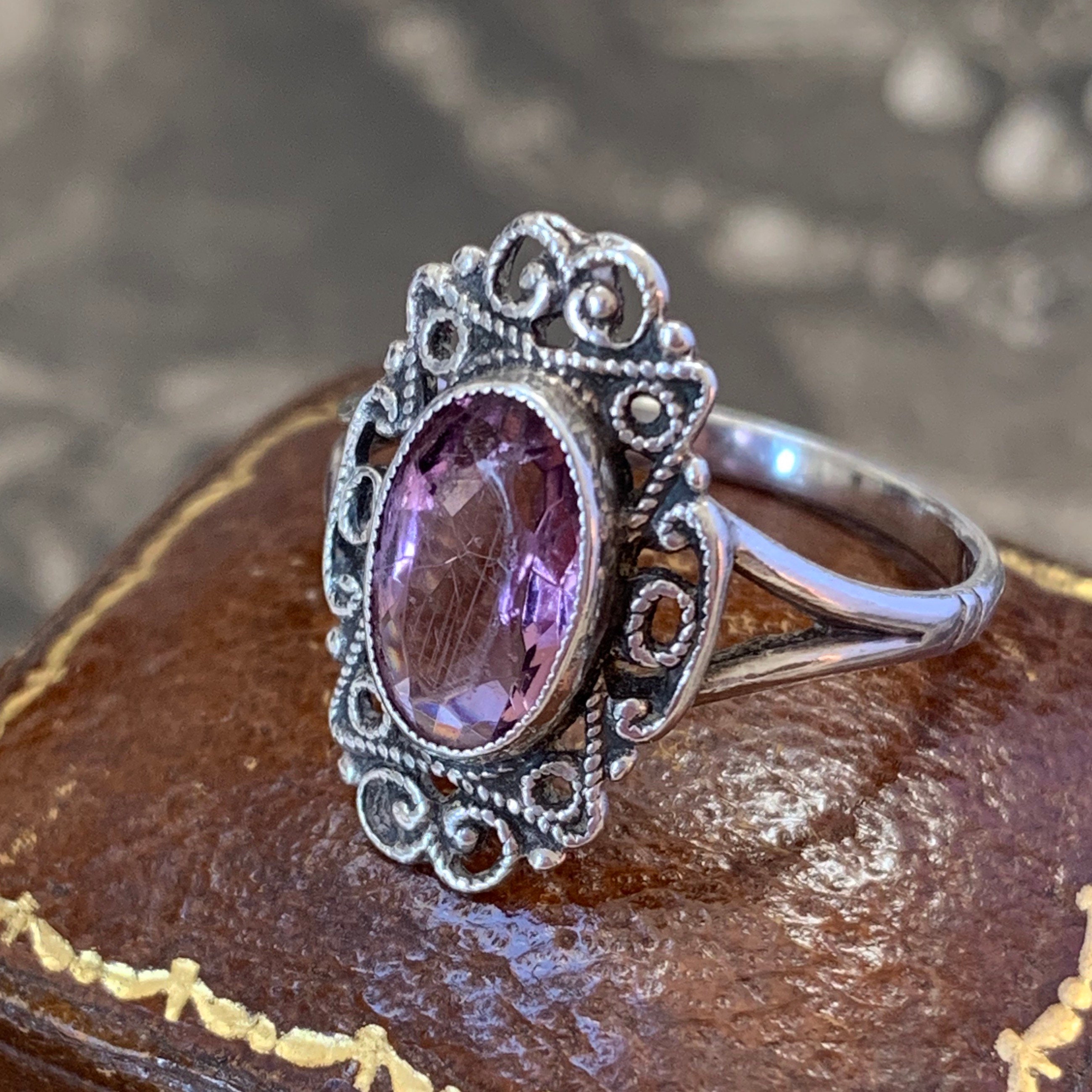 Oval Facet Cut Purple Amethyst Style Coloured Stone A Lovely Vintage Ring That Looks On The Finger Ornate Design in Fine 925 Silver