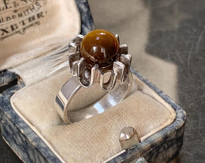 Henning Ulrichsen Sterling Silver Tigers Eye Ring - Danish Modernist Jewelry, Size 7.25