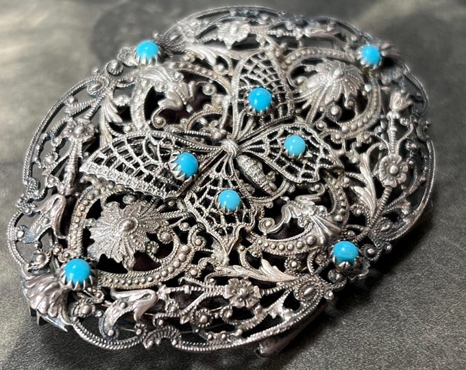 Victorian Filigree Butterfly Brooch | Turquoise Glass Cabochons, Removable Mirror
