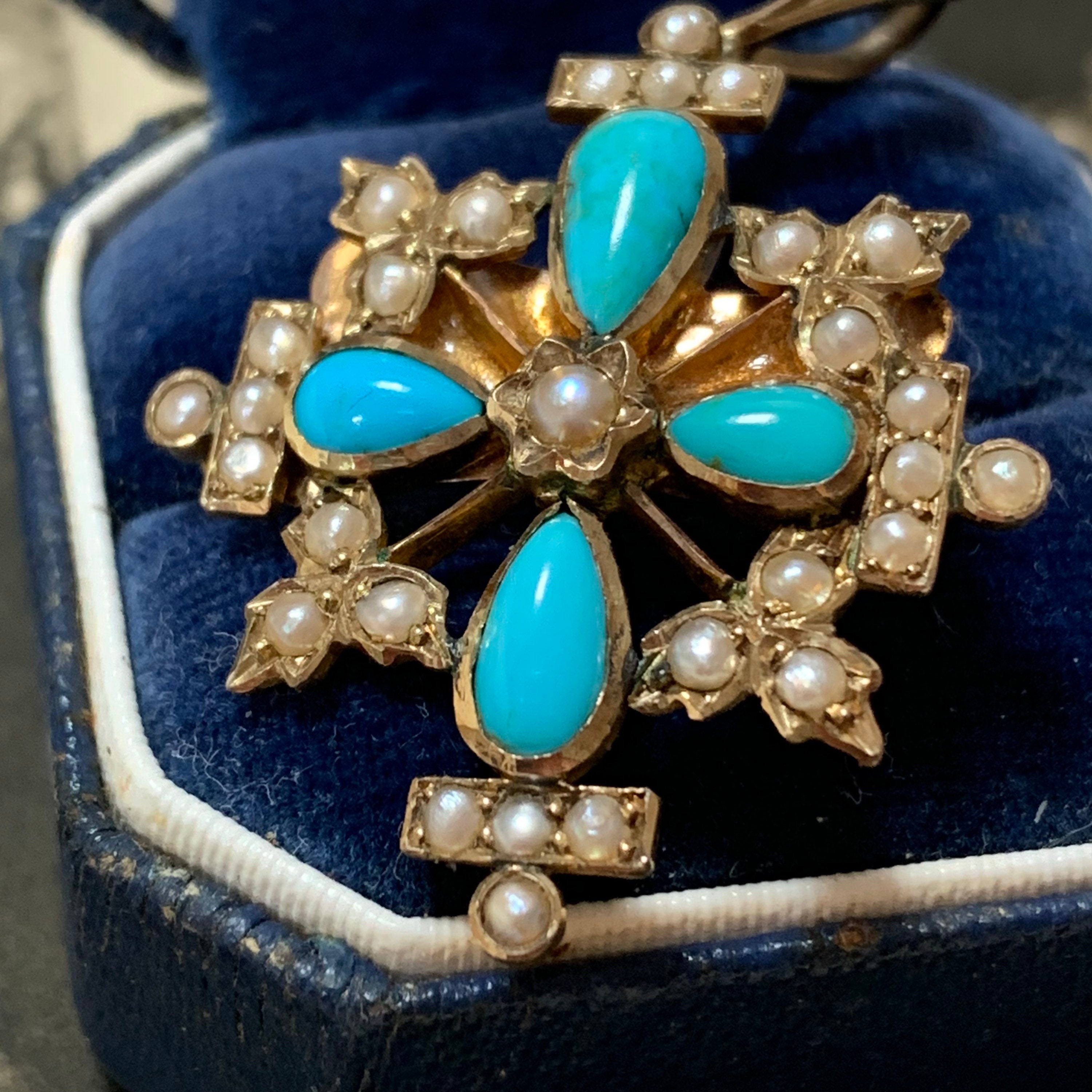 stunning Edwardian Turquoise & Natural Pearl Cross Pendant Or Brooch Set in 18Ct Gold