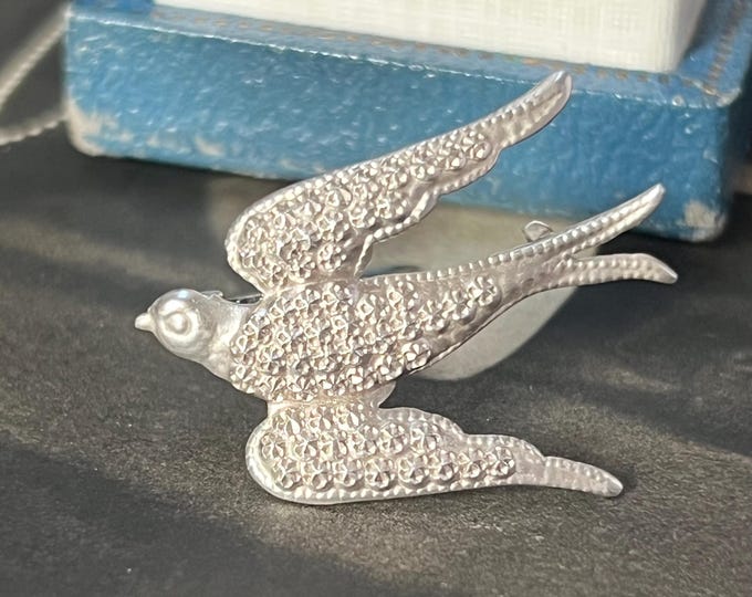 Antique Victorian Silver Swallow Brooch, Bird in Flight Pin