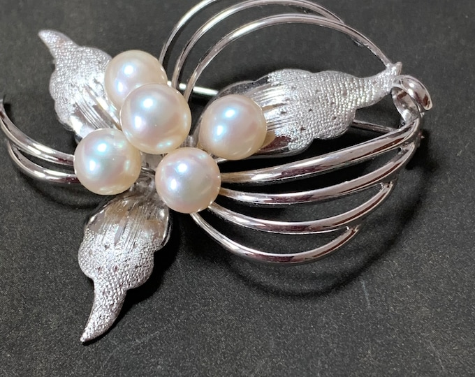 Vintage Silver Akoya Pearl Orchid Brooch, Japanese Cultured Pearl Flower Pin