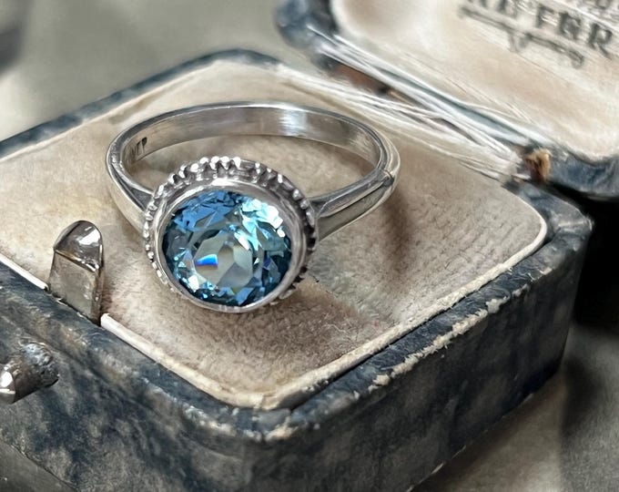 Vintage Silver Blue Stone Ring | Aqua Paste Bezel Set | UK M US 6
