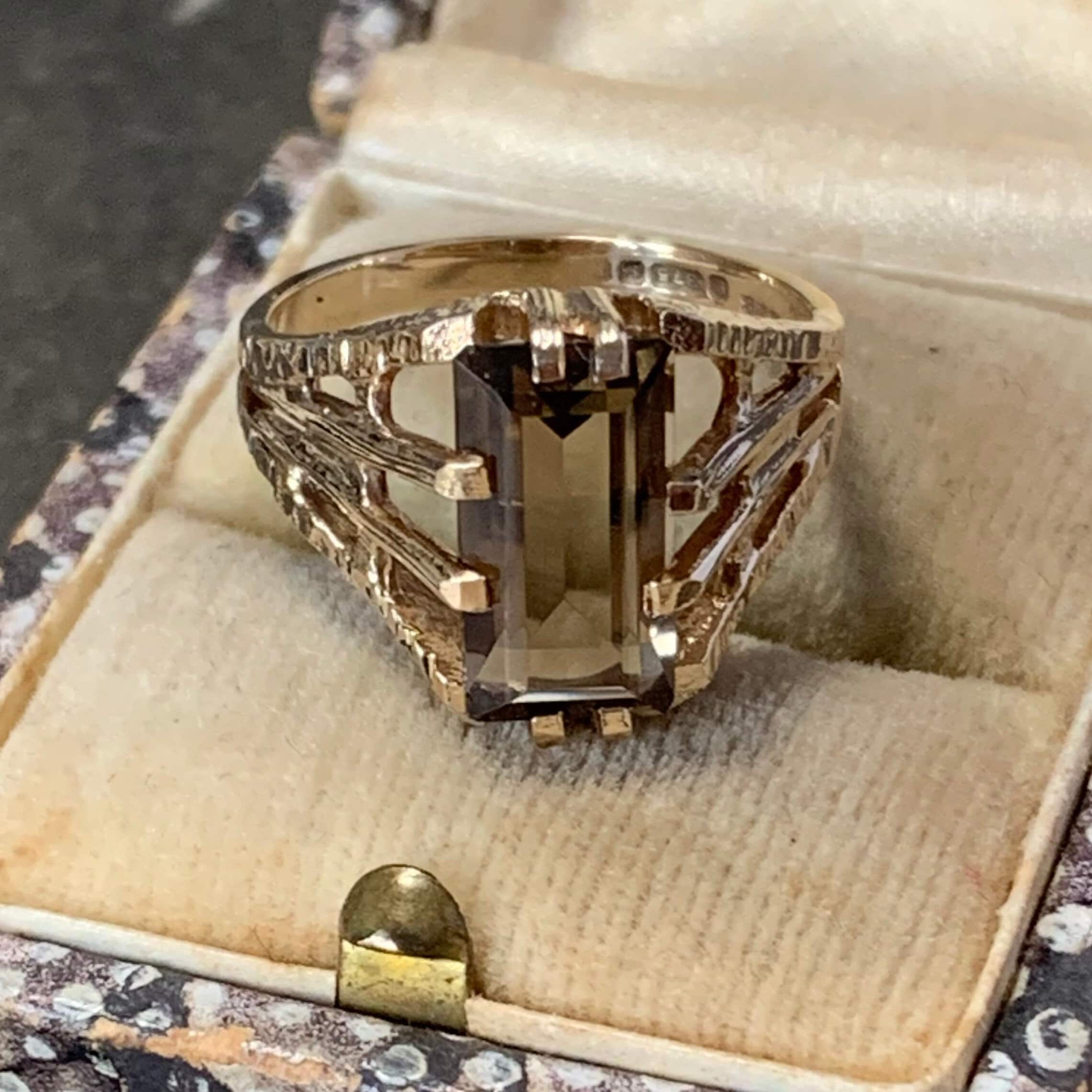 9Ct Yellow Gold Smokey Quartz Ring. This Is A Stunning Modernist Ring Set With An Emerald Cut Gemstone. Made in England 1984