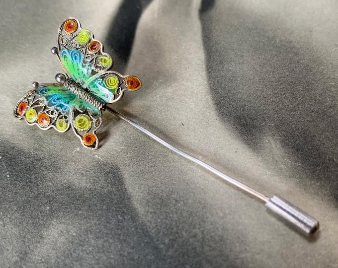 Antique Silver Enamel Butterfly Brooch: Filigree Butterfly Pin