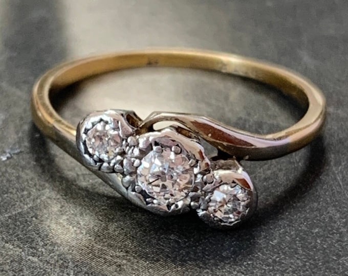 Platinum set Diamond trilogy ring | Antique 18ct Gold and platinum diamond ring | Ring size L, size 5.5 US