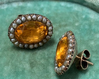 Rare Georgian Topaz & Split Pearl Earrings, Antique Gold Gemstone Jewellery, Unique Bridal Heirloom