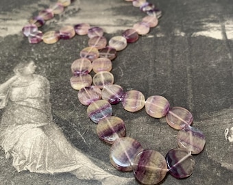 Vintage Purple Banded Fluorite Necklace, Silver Paste Daisy Clasp, 18 Inch