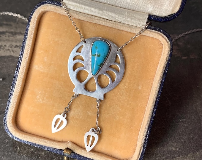 Antique Silver Arts And Crafts Necklace. Turquoise Murano Glass Teardrop Stone. 1903 English hallmark. Made by Joseph Willmore