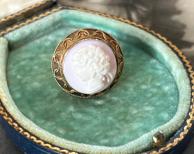 Victorian 18ct Gold Coral Cameo Ring, Etruscan Revival Goddess Portrait, Antique Angel Skin Coral Jewellery, 19th Century