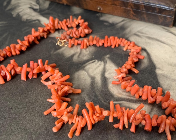 Antique natural coral branch necklace | Antique 9ct gold clasp |  Princess length graduated strand 49cm long 19 inches