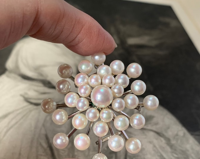 Vintage Sterling Silver Snowflake Pendant. 8mm center akoya pearl, Pendant brooch or bracelet