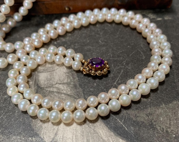 Double Strand 6mm Akoya Ocean Pearl Necklace set with a 9ct Gold and Oval Faceted Natural Amethyst Clasp. Princess length 47cm Long
