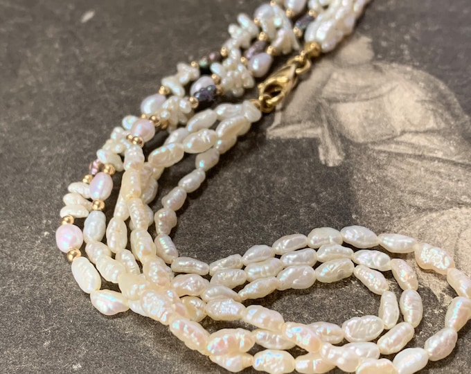 Vintage 14ct Gold and Pearl Necklace, 3 Strand Freshwater Pearls,Princess Length