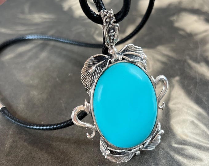 Art Nouveau Style Silver Oval Turquoise Cabochon Pendant Hallmarked, Large Statement Necklace with leaf accents