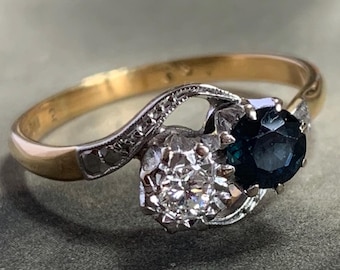 18ct Gold & Platinum Sapphire Diamond Ring: Art Deco, 1994 Vintage