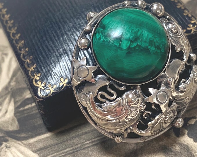 Niels Erik From Large Malachite Fish Stars Brooch – Danish Sterling Silver 925 – 1950s Scandinavian Jewellery