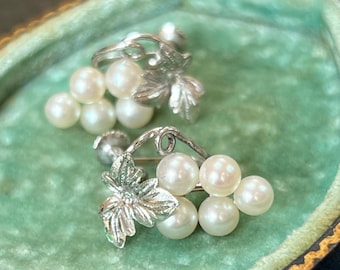 Vintage Grapevine Earrings Silver Cultured Pearl Screw back Studs Circa 1950s saltwater pearl jewellery
