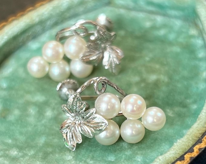 Vintage Grapevine Earrings Silver Cultured Pearl Screw back Studs Circa 1950s saltwater pearl jewellery