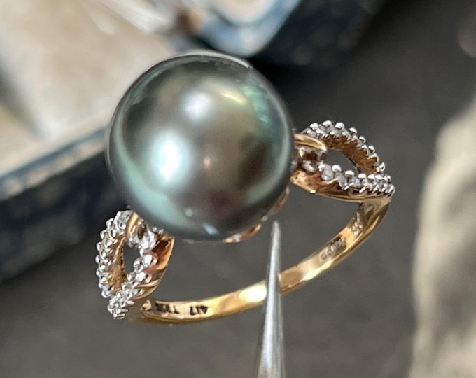 Vintage 9ct Gold Grey Pearl Diamond Ring, UK Size N 1/2