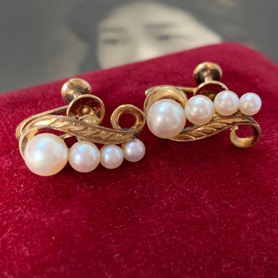 Mid century Mikimoto pearl gold earrings. Akoya g… - image 1