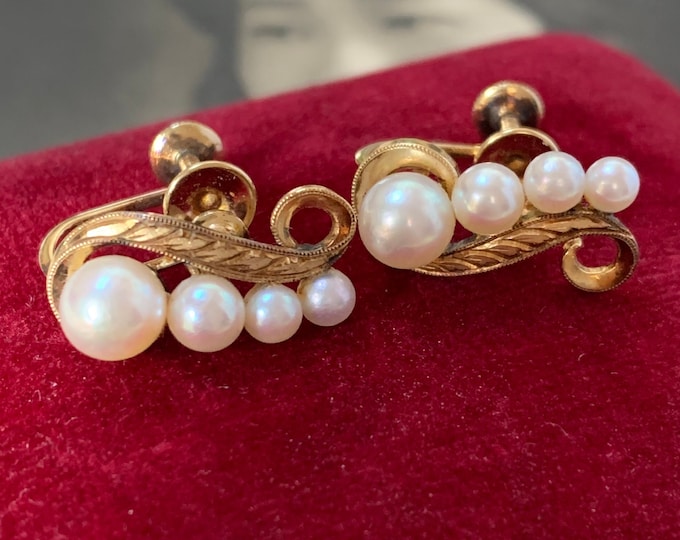 14ct Gold Mikimoto pearl earrings 1960 vintage Akoya pearl screwback earrings 14ct gold rolling wave design Original Mikimoto red velvet box